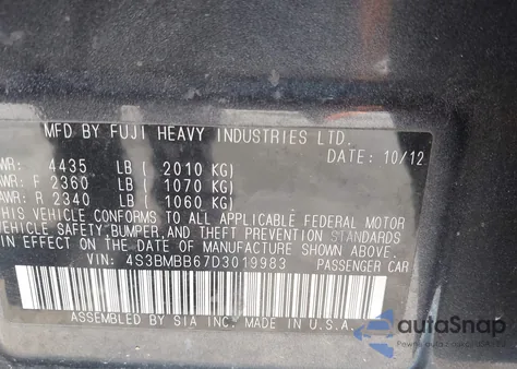 2013 Subaru Legacy 2.5I Premium из США, поврежденный, VIN 4S3BMBB67D3019983